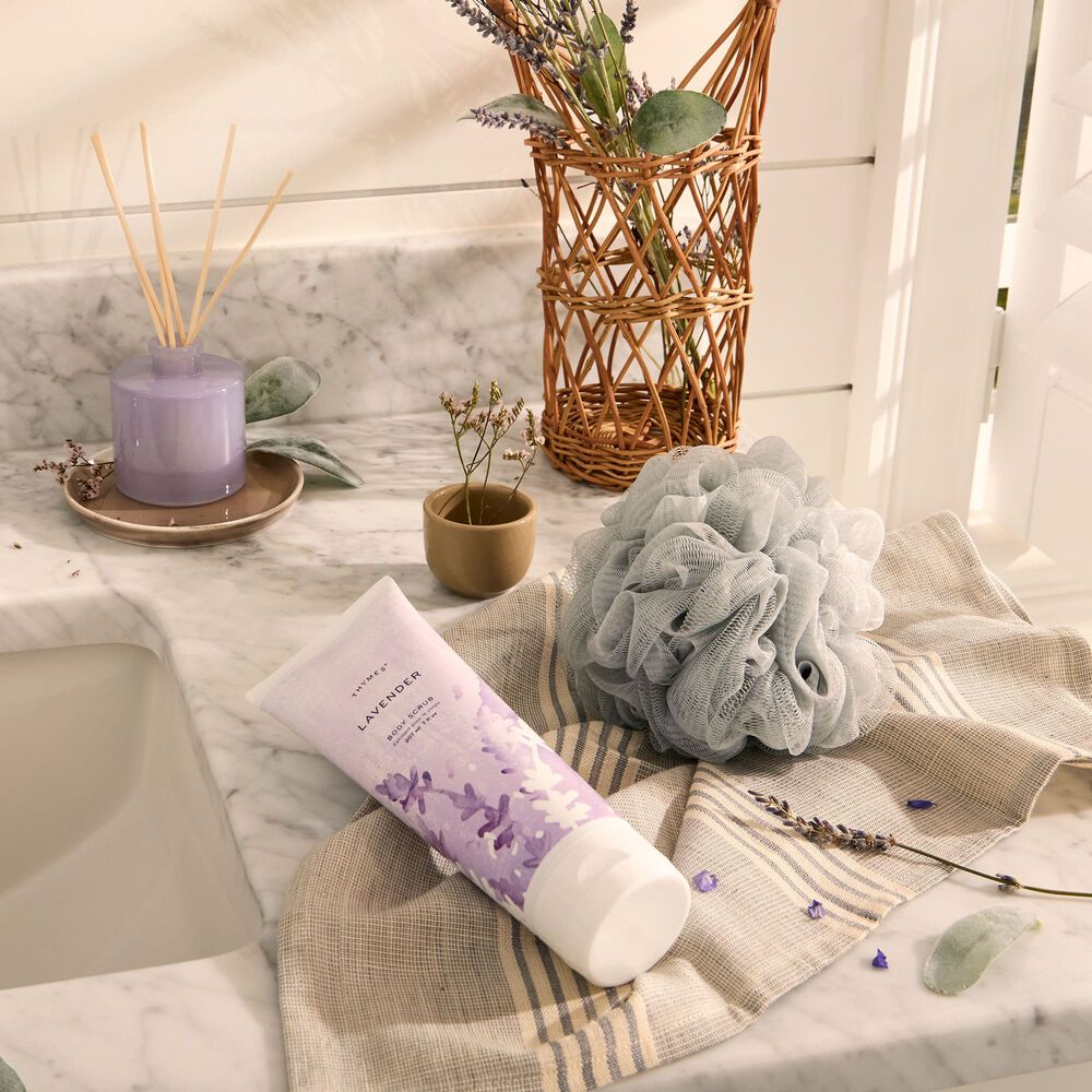 Thymes Lavender Body Scrub for exfoliation on bathroom sink with Petite Reed Diffuser image number 3